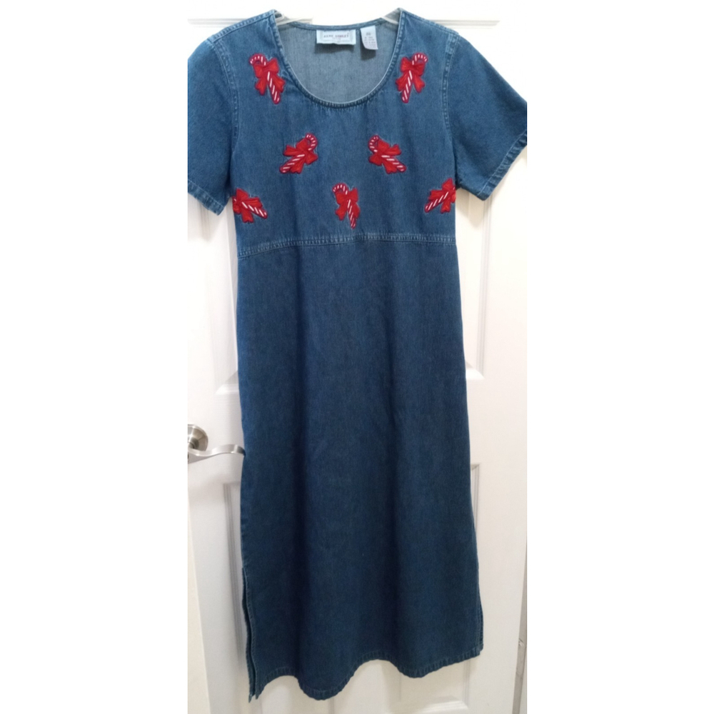 Vintage Jane Ashley Dress Women PM Denim Jumper Embroidered Candy Cane Christmas